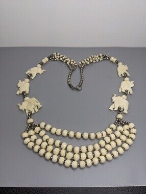 Vintage Carved Bone Animal Four Strand Beaded Necklace 1970s Boho Jewelry 30"